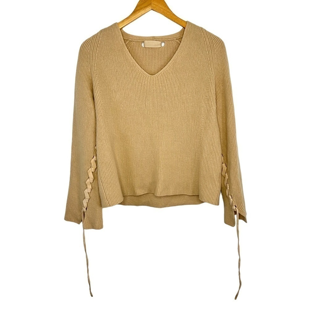 Helmut Lang Wool Cashmere Ribbed Sweater Sz Med Beige Ribbon Lace Up Long Sleeve